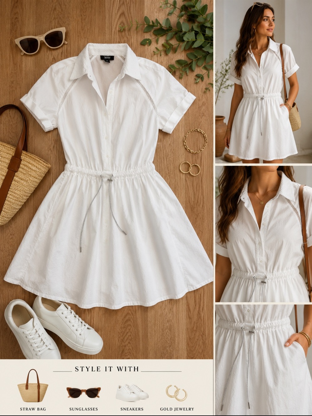 White Short-Sleeve Drawstring Shirt Mini Dress
